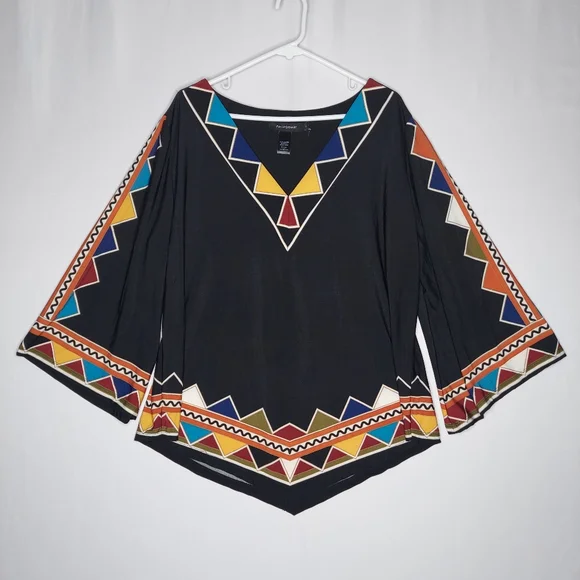 Ashley Stewart Flare Sleeve Top Women 22/24 Multicolor Geometric Stretch Tribal - Picture 1 of 5